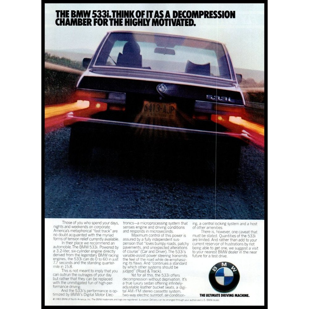 1984 BMW 533i Sports Sedan Vintage Print Ad Desert Highway Time Lapse Wall Art